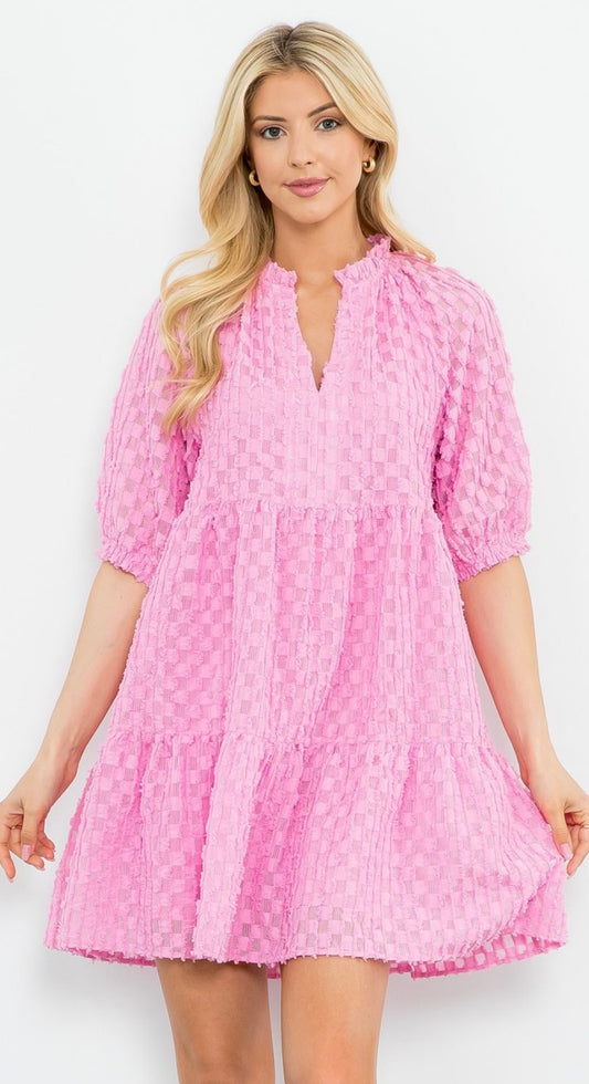 Checkered Fringe Dress - Pink